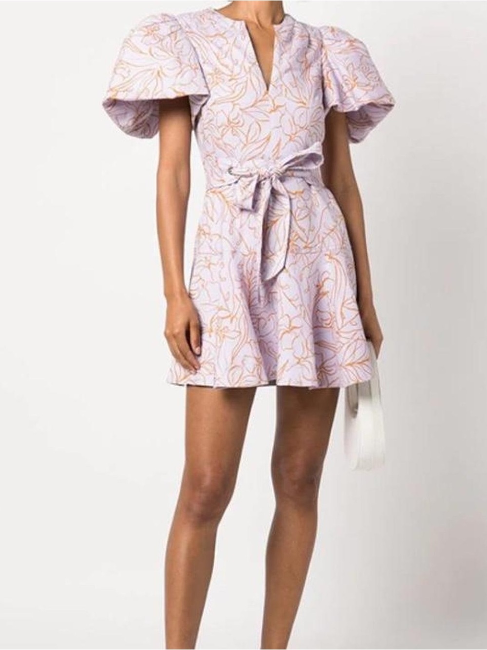 Jonathan Simkhai Lavender and Orange Floral Belted Puff-Sleeve Dress